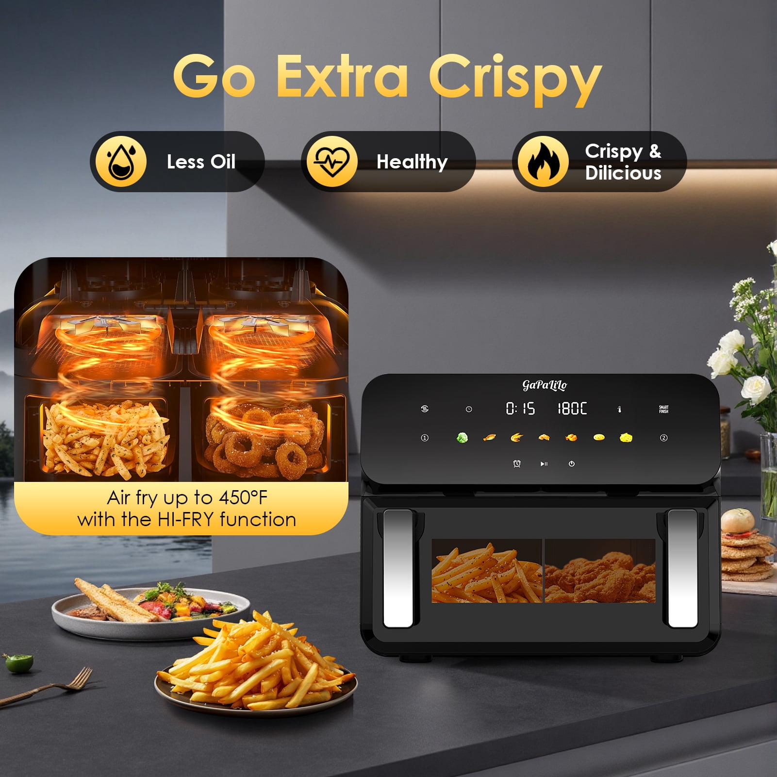 11QT Large Air Fryer, 1700W Touchscreen Air Fryer with Easy-View Window & LED Light, Digital Oven with Presets, Non-Stick & Dishwasher Safe, Perfect for 4-6 Family Meals, Black