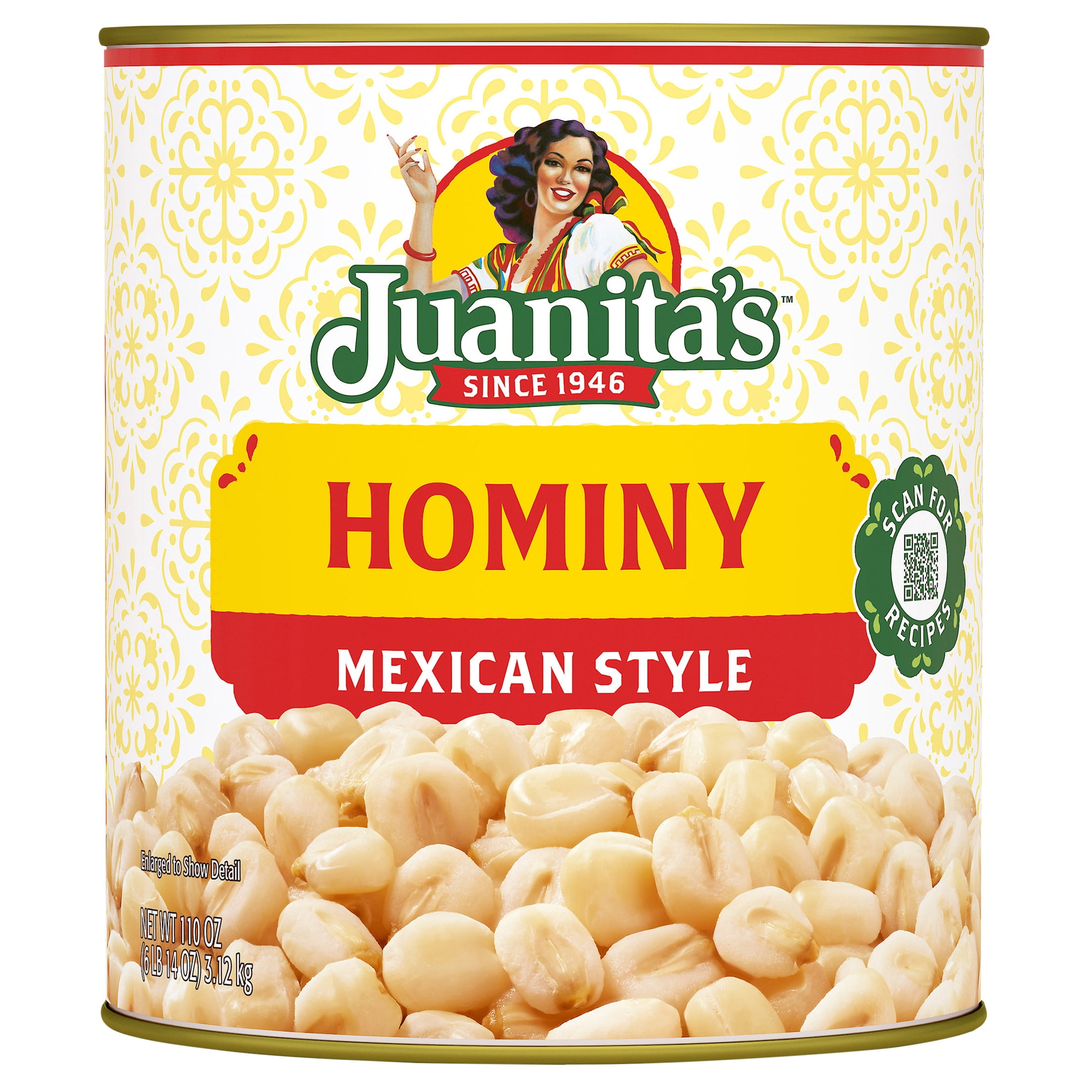 (6 pack) Juanita’s Foods Mexican Style Hominy, 110 oz, Can