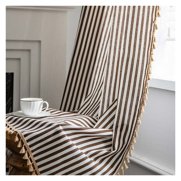 LZZ Striped Window Curtain Cotton & Linen Semi-Shading Tassel Lace Strap Top Rod Pocket Drape For Kitchen Bedroom