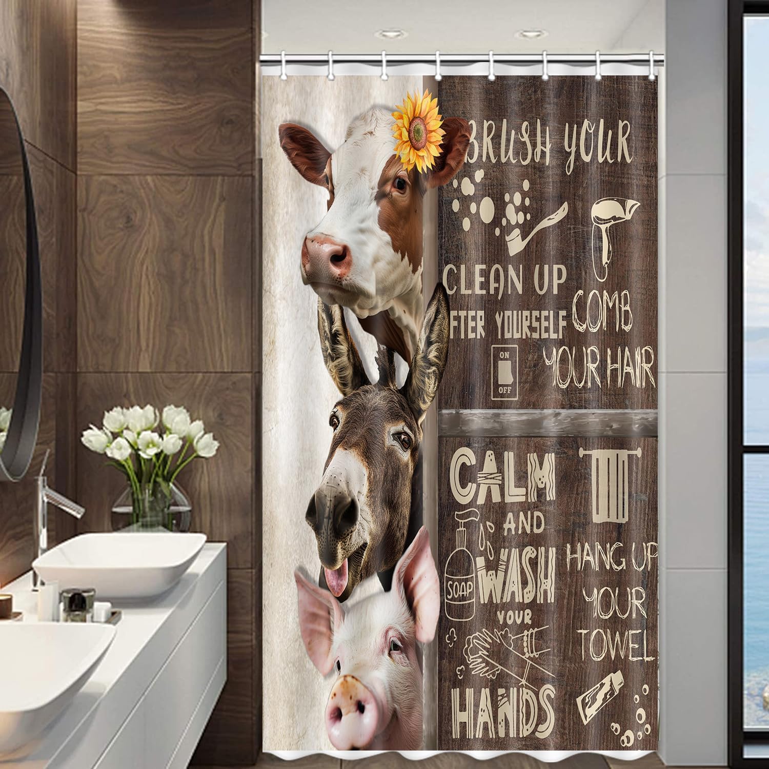 Funny Farmhouse Shower Curtain, Rustic Bathroom Rules Shower Curtain Set for Bathroom, Adults Animal Fabric Shower Curtain Restroom Bathtub Decor Accessories with Hooks 36X 72 inch
