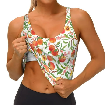 Qokaie Fruits Peach2 Pattern Womens Scoop Neck Sports Bra Breathable Workout Vest Padded U Back Medium Impact Fitness Gym Yoga Bra Workout Crop Top