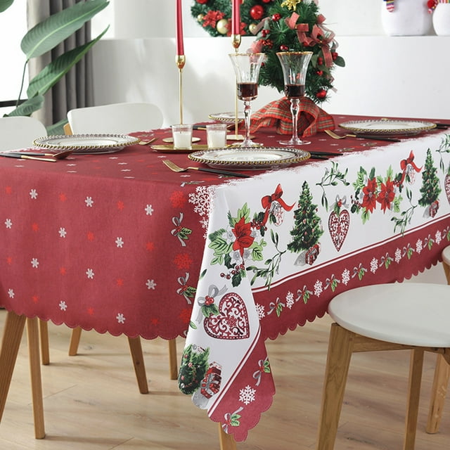 yeacher Festive Red Polyester Christmas Tablecloth with Wavy Edges, Waterproof & Durable for Holiday Decorations, 150x220cm