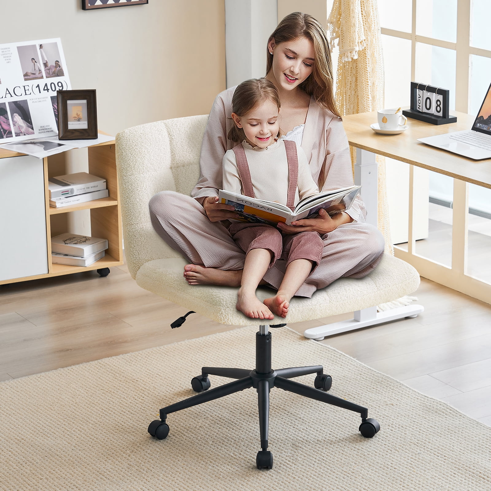 Modern Armless Home Office Chair Wide Desk Chair with Wheels for Home Office, Bedroom, Ivory white
