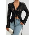 thumbnail image 4 of Womens Sexy See-Through Lace Knot Tie Ruffled Long Sleeve Top (L, BabyBlue), 4 of 10