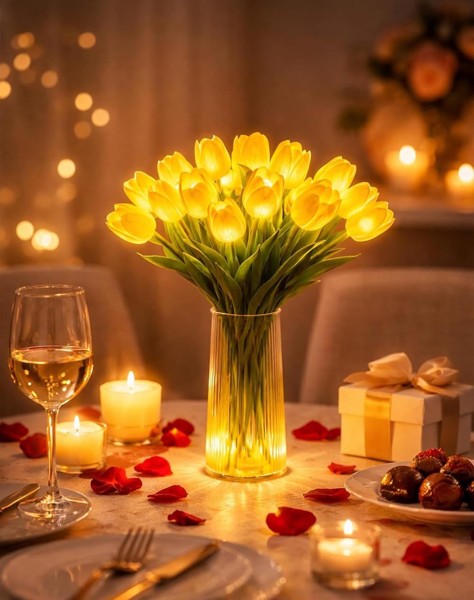 Tulip LED Light Lamp, 15PCS Artificial Tulip Flowers Light, Warm White Night Light with Adjustable Stems for Bedroom Bedside Romantic Decor Gift