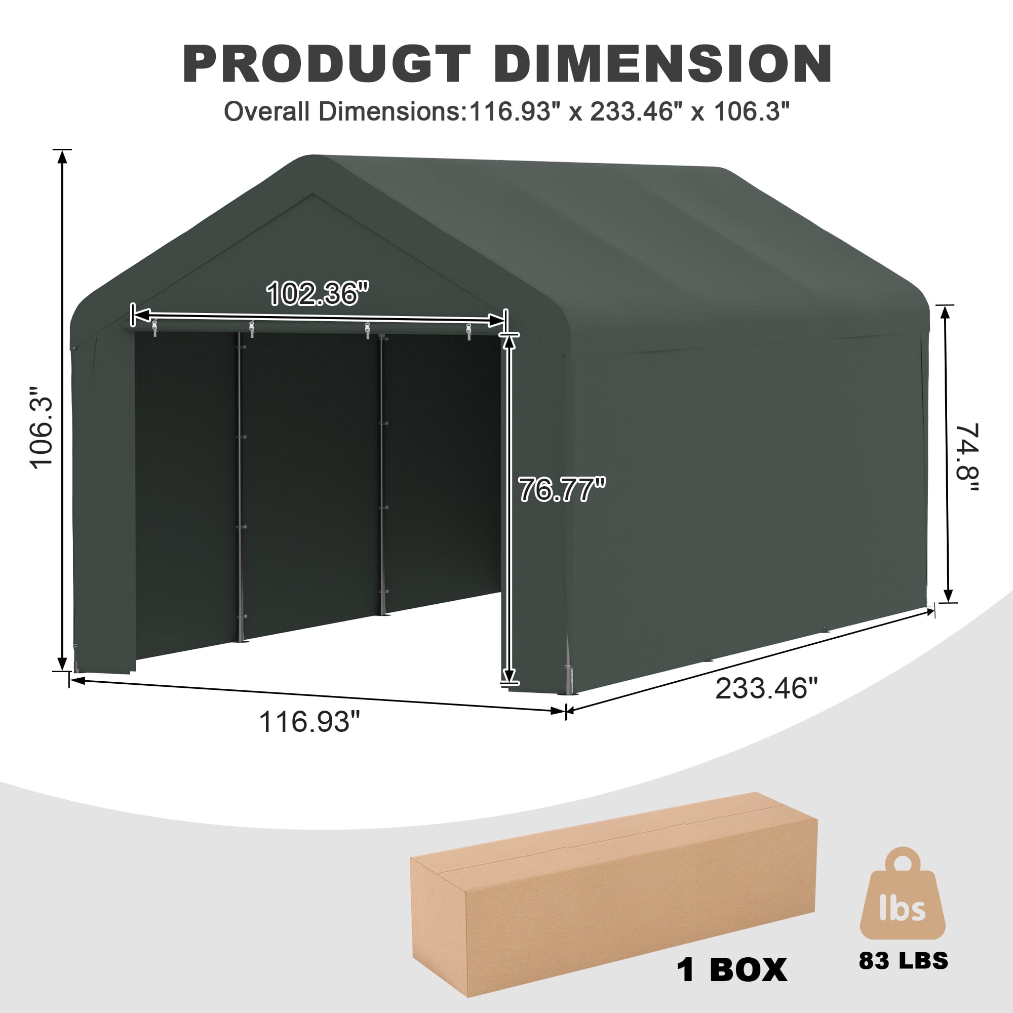 Outdoor Carport 10' x 20' Portable Garage Car Shelter Shade with Removable Sidewalls & Doors, Carport Canopy with Powder-Coated Steel Frame for Outdoor Party, Birthday