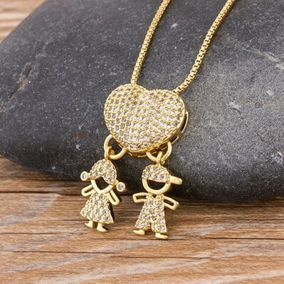 Nidin moda hijo hija corazón oro Color Cubic Zirconia familia niña niño colgante collar cobre cadena joyería para madre regalo Tan Jianjun unisex