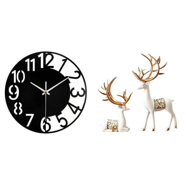 Reloj de pared grande,Reloj de pared acrílico silencioso de estilo moderno.,Reloj de pared grande de oficina,silencioso,fácil de leer y sencillo.,Estatua de escultura de ciervo,Estatua de