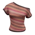 thumbnail image 3 of Womens Off the Shoulder Tops Short Sleeve Striped Shirt Slim Fit Hollow Out Crop Tops Summer Y2K Crochet Top Summer Going Out T Shirts(RD1,XL), 3 of 3