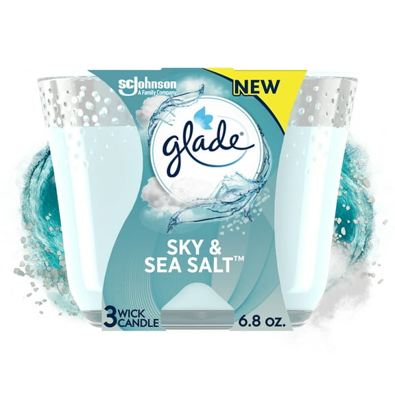 Glade Candle, 3-Wick Scented Candle, Sky & Sea Salt, 6.8 oz, Fragrance Infused with Essential Oils, Air Freshener Candle