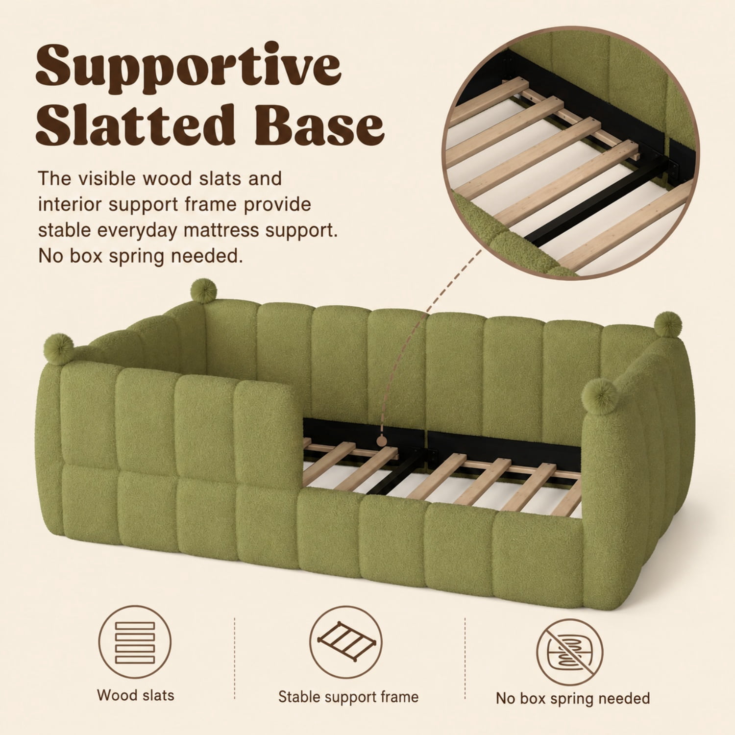 Miniyam Twin Size Kids Floor Bed with Soft Upholstered Guardrails, Low-to-Ground Montessori Bed Frame, Green