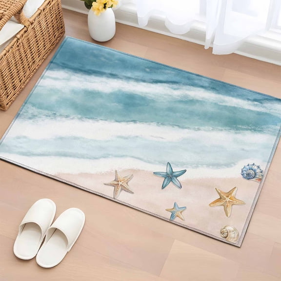 Teal Summer Beach Entryway Rug 2'x3' Non Slip Front Door Mats, Coastal Waves Ocean Starfish Conch Entrance Rugs Indoor Outdoor Carpet, Washable Floor Mats Small Area Rug for Bedroom Kitchen