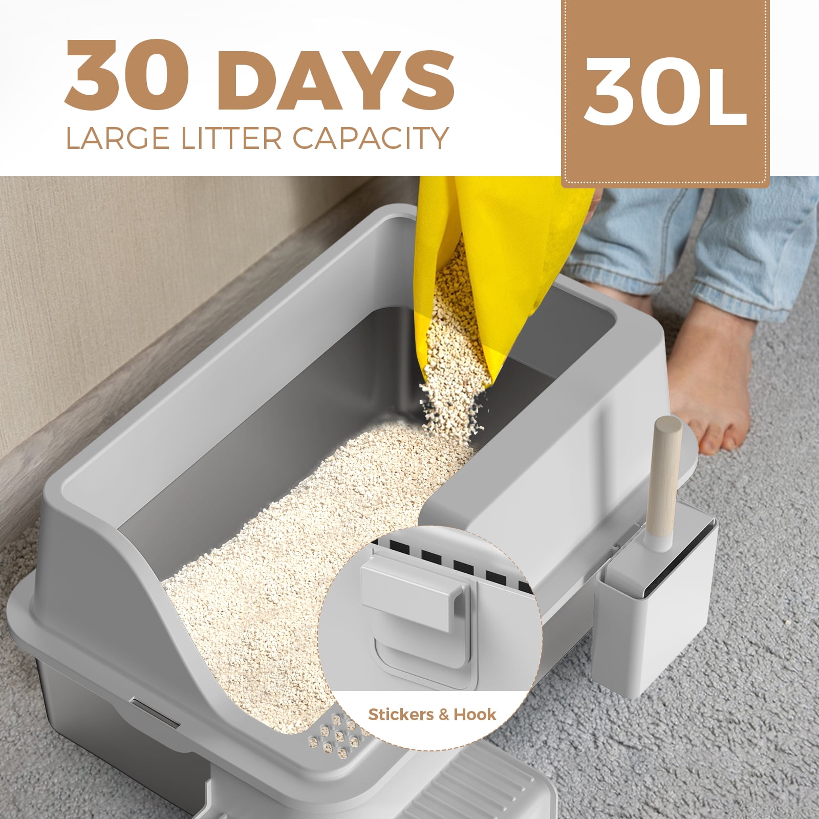 Enclosed Stainless Steel Cat Litter Box Extra Large Litter Box for Big Cats, High Side Enclosure Metal Litter Pan Tray with Scoop, Anti-Leakage, Easy Cleaning