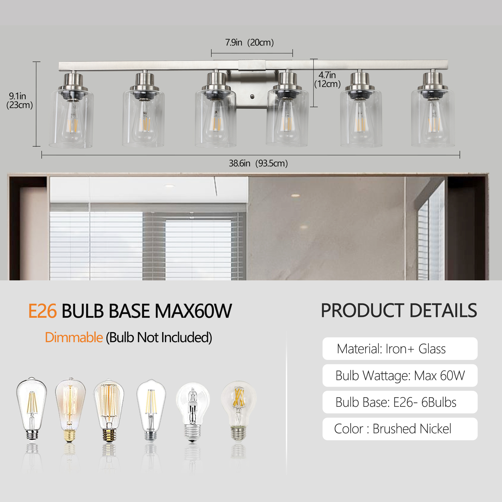 Leumius Modern 6-Light Bathroom Vanity Light Fixture - Brushed Nickel Finish with Clear Glass Shades, Perfect for Bathroom, Vanity and Dressing Area Lighting (No Bulbs)