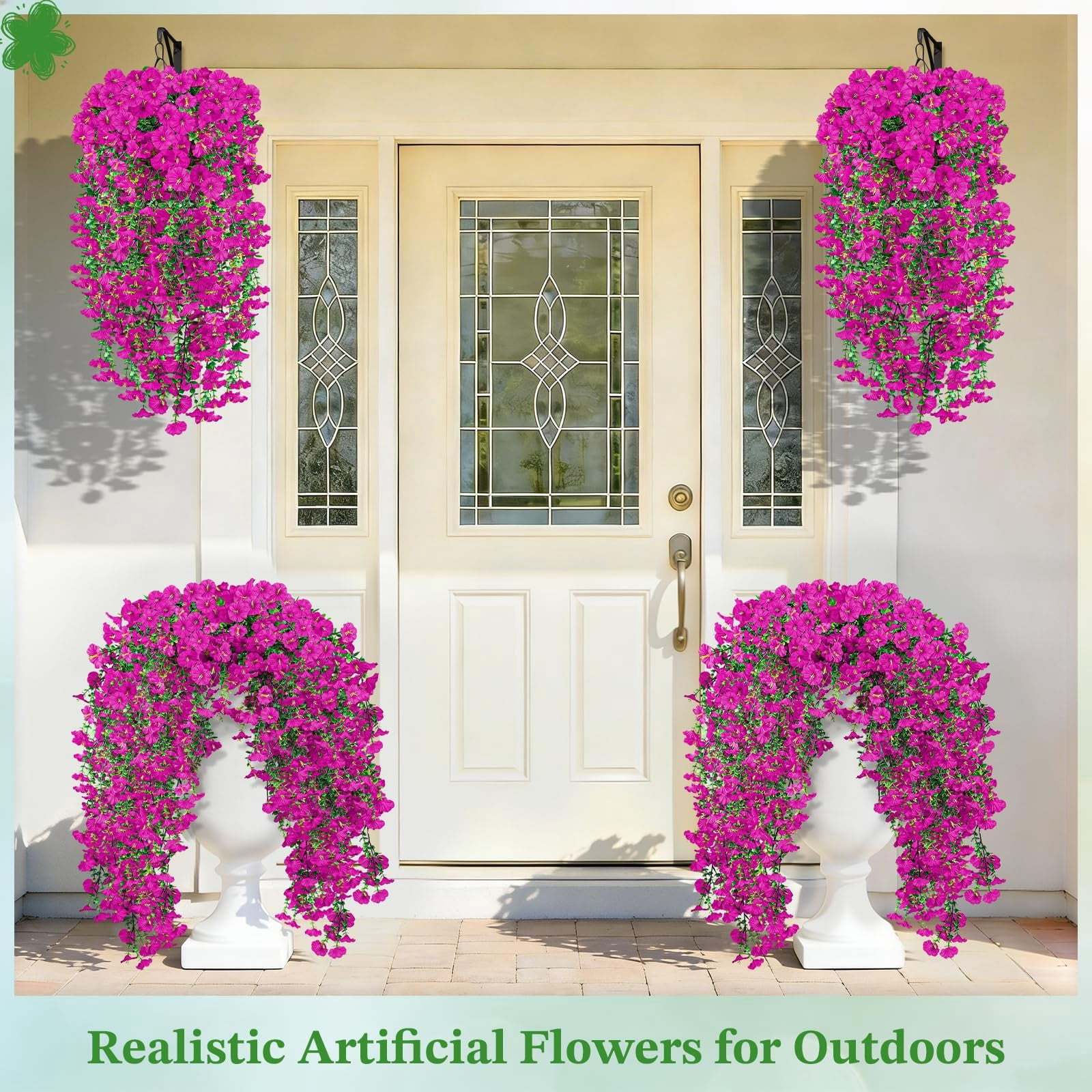 Artificial Hanging Flowers for Outdoors, 6 PCS Silk Morning Glory Artificial Flowers with Eucalyptus Leaves, UV Resistant Fake Flower Realistic Faux Plants for Home Patio Porch Garden0