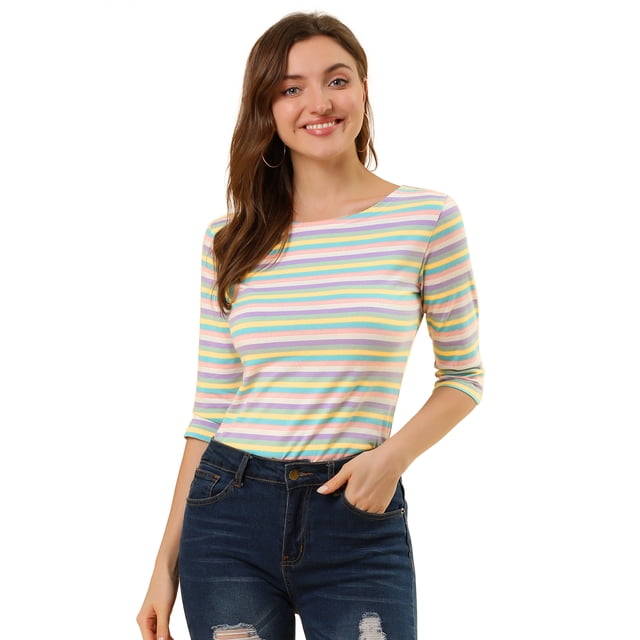 Dde San Patricio Camisecon mangas de codo pamujer Camisebásiinformal con cuello de barco y corte ajustado Arcoíris L