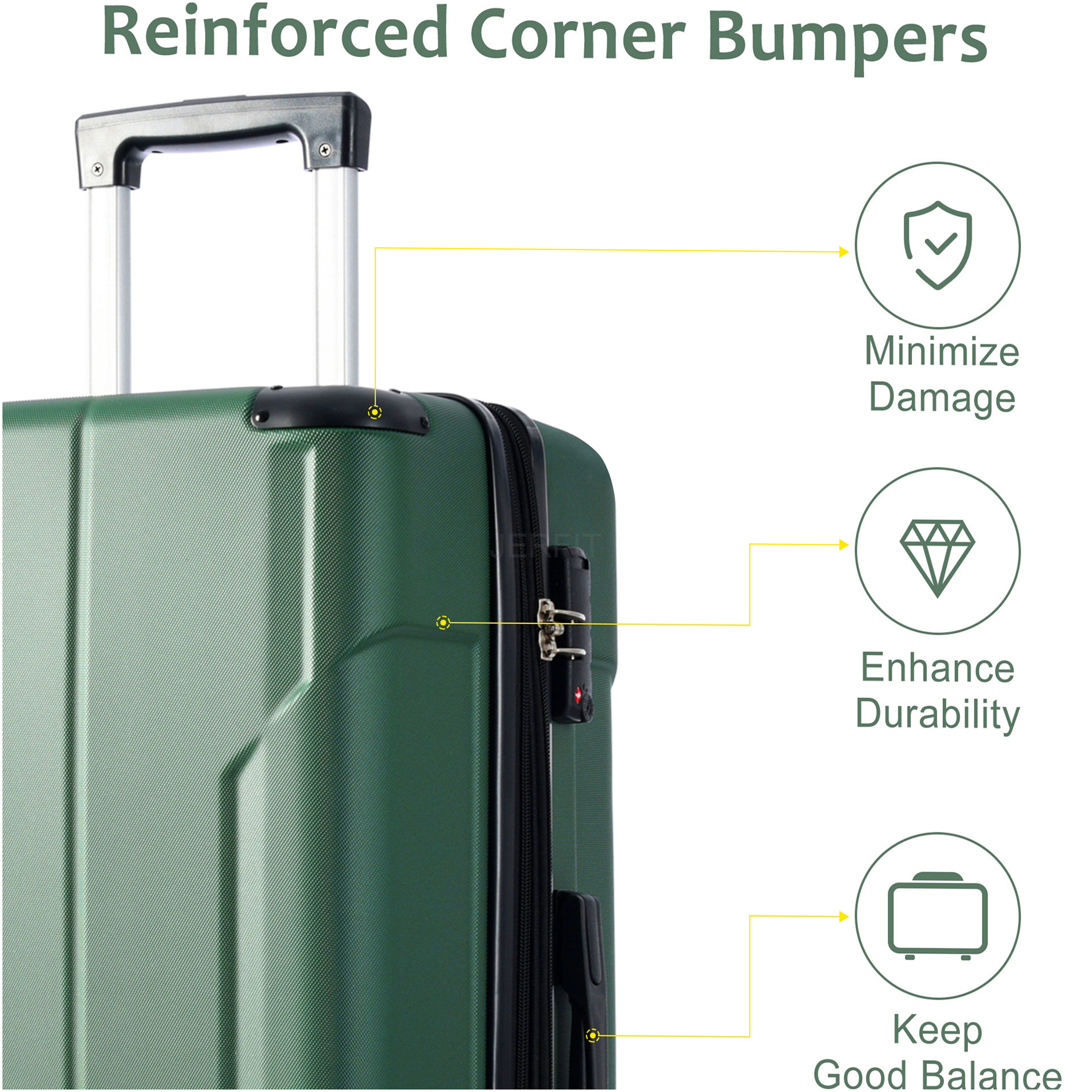 JERFIT 24" Expandable Hardshell Suitcase, Lightweight ABS Checked Luggage with TSA Lock & 8 Spinner Wheels, Green