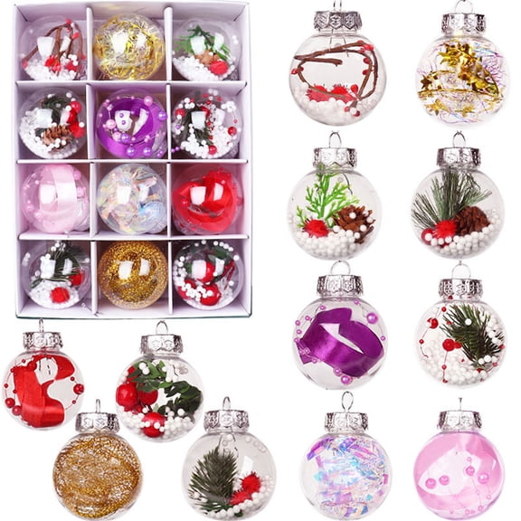 12 Pcs Christmas Ball Decorations,Happon 2.36 Inch Fillable Christmas Ornaments, DIY Plastic Ball Crafts for Xmas Tree, Colorful Party Decor,Mixed Stype