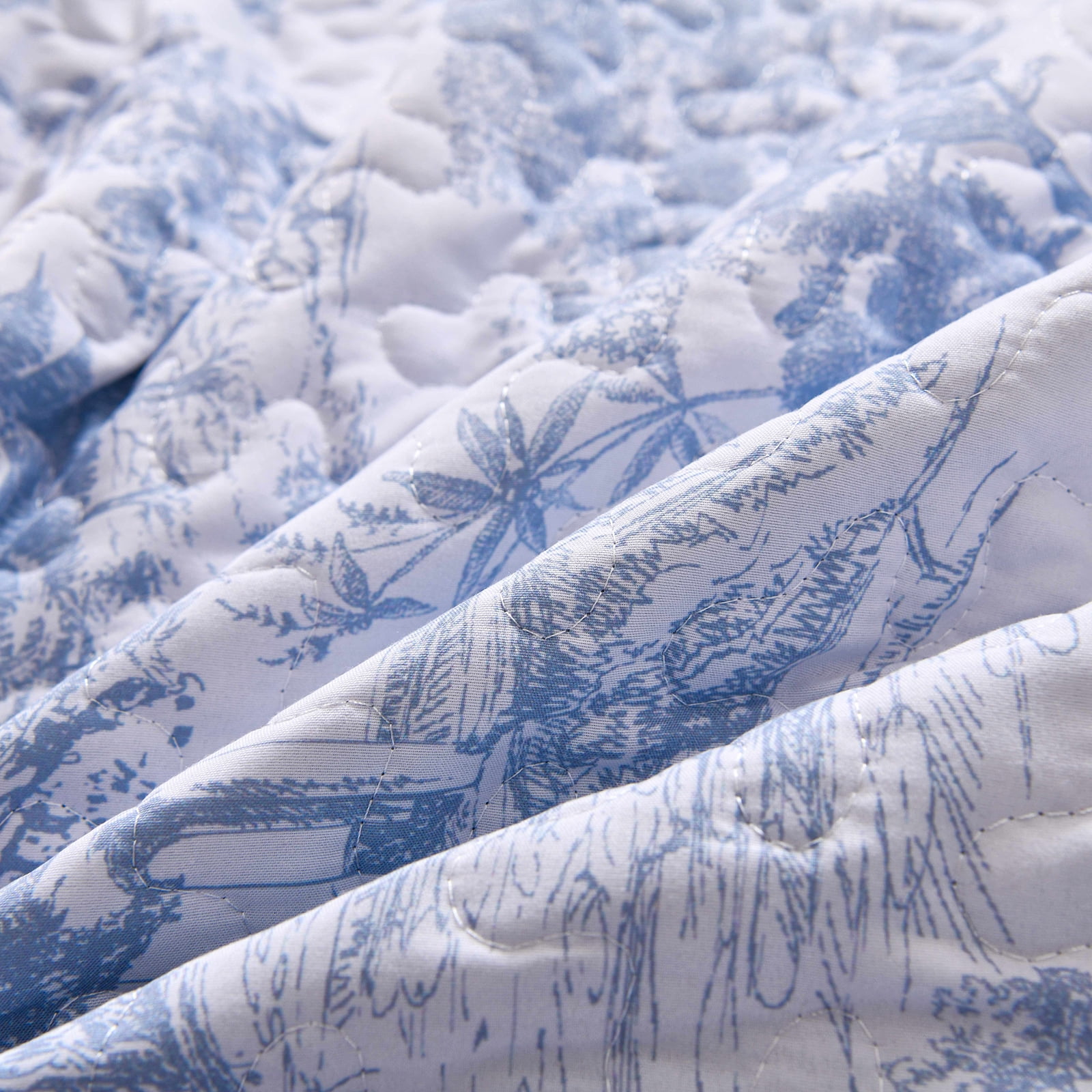 Dintszyayue Botanical Queen Size Quilt Set Blue,3Pcs Plants Pattern Sketch Soft Bedspread Set Adult(90"x96")