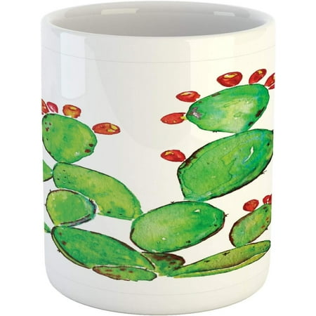 

Cactus Mug Ripe Prickly Pear Plant with Fruits Watercolor Illustration Botany Art Printed Ceramic Coffee Mug Water Tea Drinks Cup Green and Vermilion