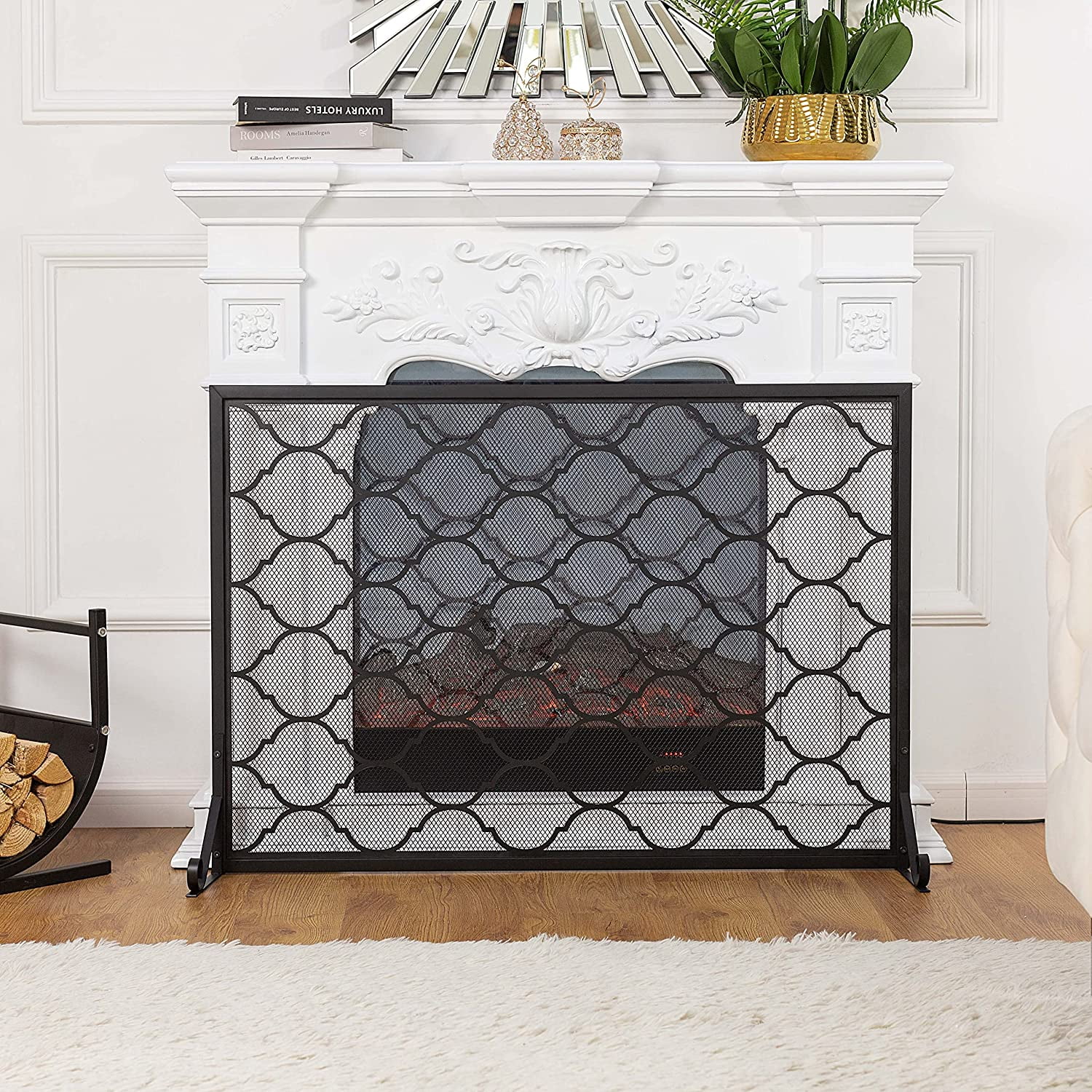 Black Iron Single Panel Geometric Fireplace Screen