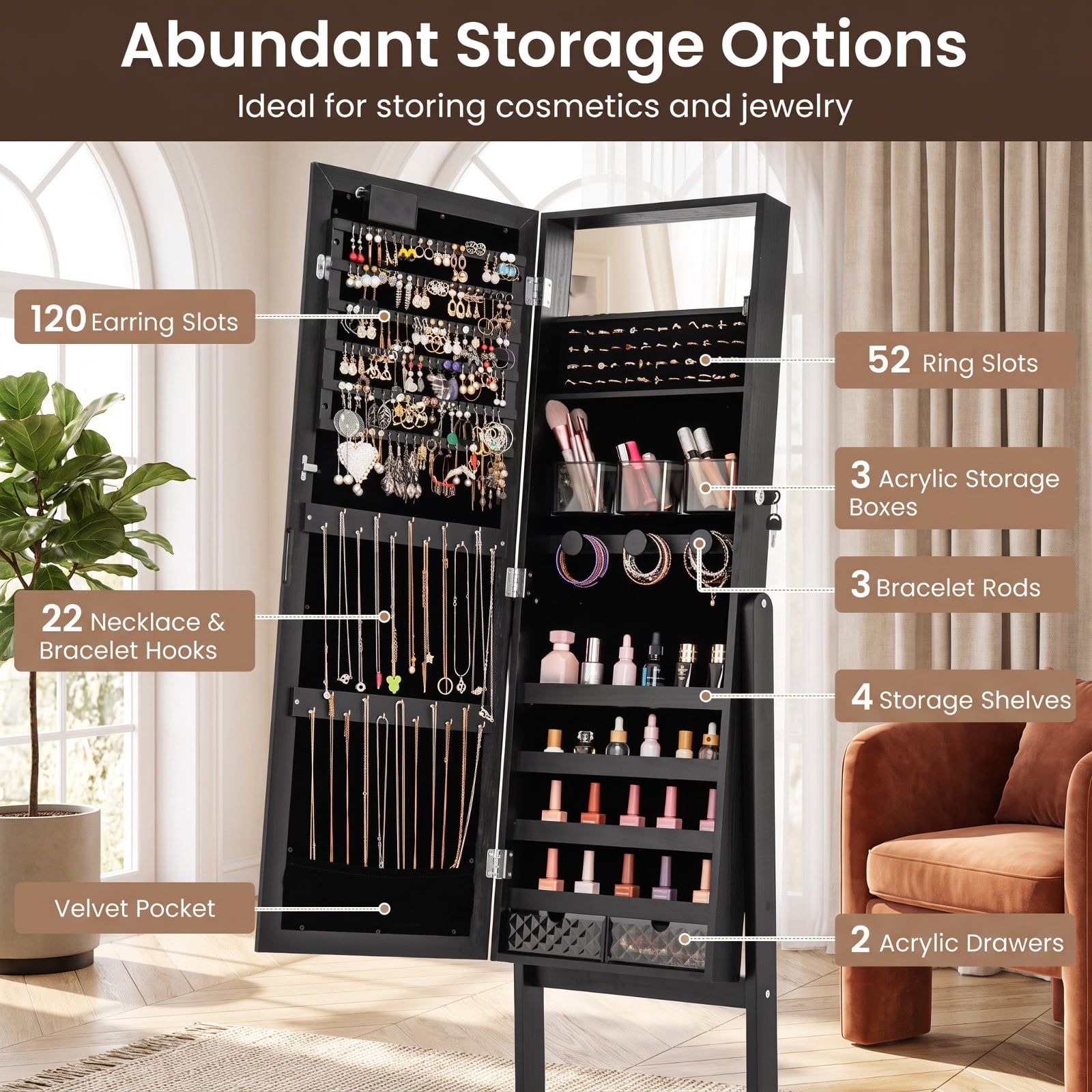 Furnibear Mirror Jewelry Cabinet with 20 Warm Lights and 4 Tilt Angles for Bedroom Dressing Room Jewelry Necklace Rings Storage Mirror, Black