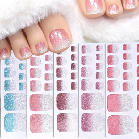 110PCS Ombre Glitter Toenail Stickers Press on Toenails, 5 Colors Gradient Glitter Nail Polish Strips with Manicure Tools Kit, Self-Adhesive Pedicure Nail Art Decals for Women & Girls