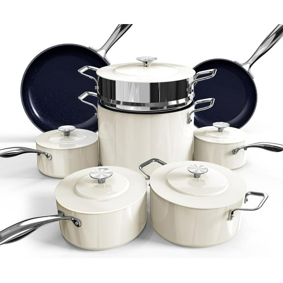 Nuwave Lux Pots and Pans Set Ultra Nonstick, Healthy G10 Duralon Ceramic Coating 13pc Forged Lightweight Cookware Set, Stay-Cool Handles, Works on All Cooktops & Oven, Oyster