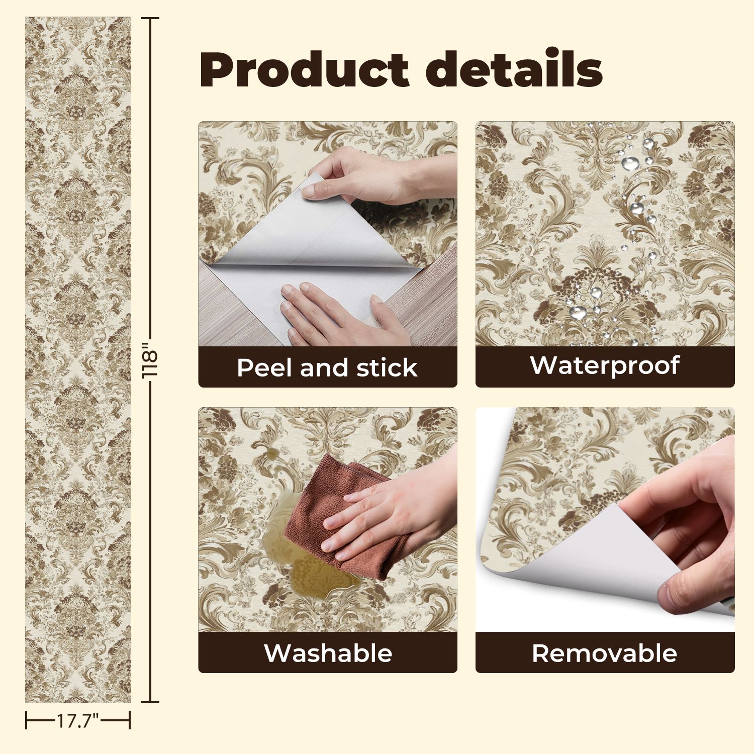 Vintage Peel and Stick Wallpaper 17.7in x 9.8ft Elegant Baroque Floral Damask Earth Tones Contact Paper Vinyl Waterproof Self Adhesive Wall Paper for Bedroom Shelf Cabinet Renter Friendly