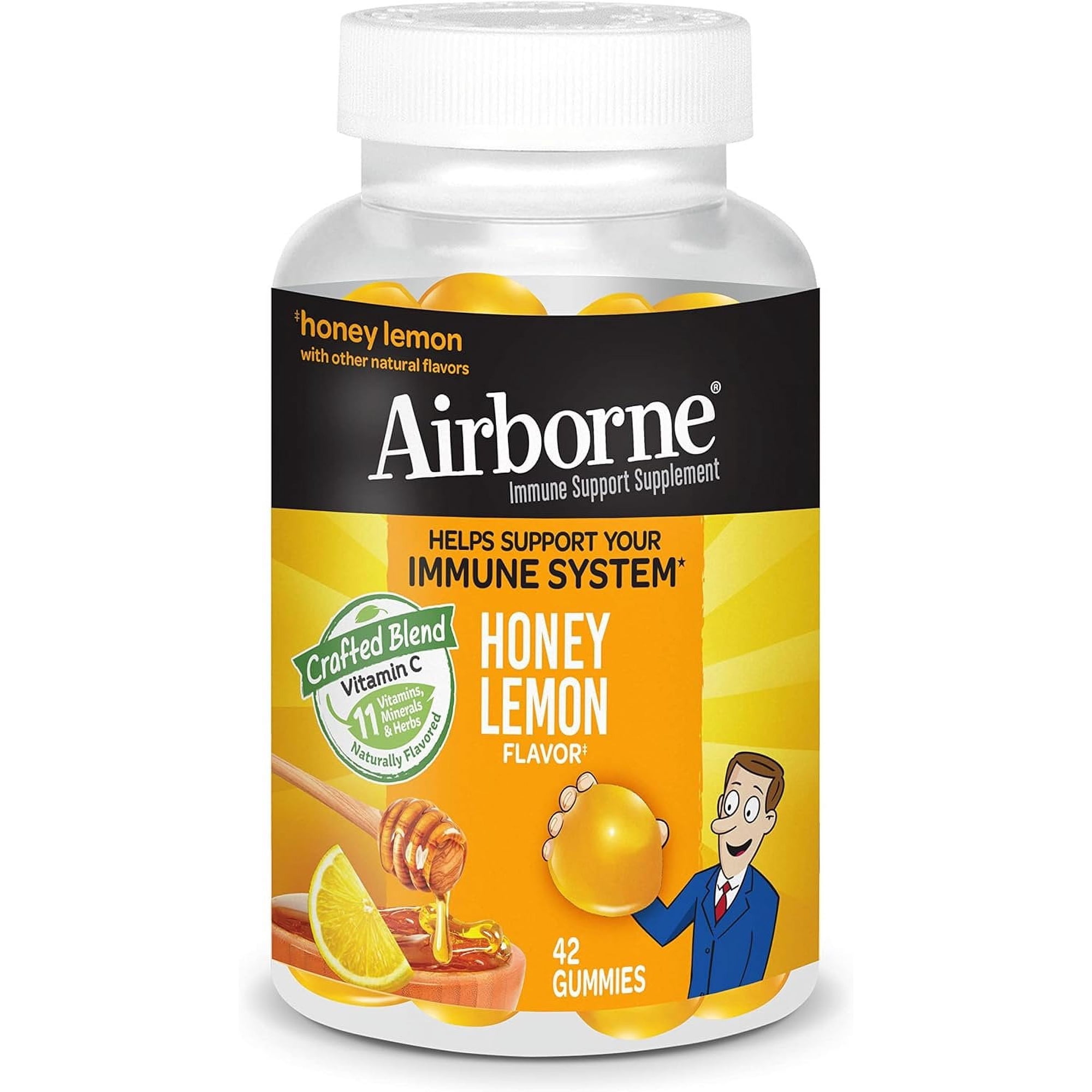 Airborne 200mg Vitamin C with Zinc Gummies For Adults, Immune Support Supplement with Powerful Antioxidants Vitamins A C & E - 42 Gummies, Honey Lemon Flavor