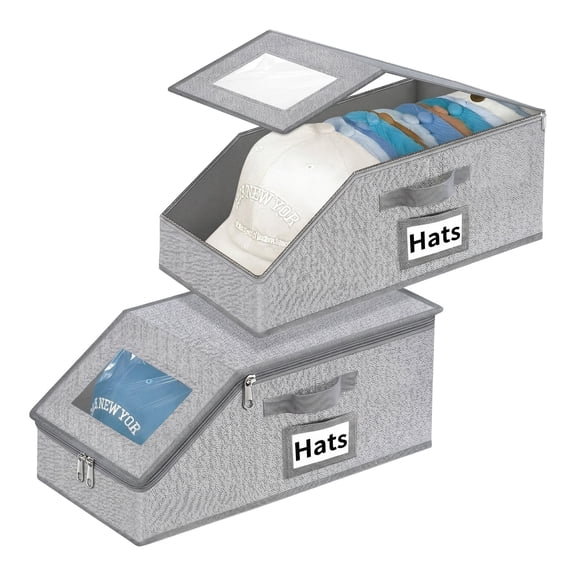 Hat Organizer for Baseball Caps – 2PCS Stackable Storage Box with Clear Window Lid, Flip-Top Access, Space-Saving Hat Holder for Closet, Breathable Fabric (Grey)