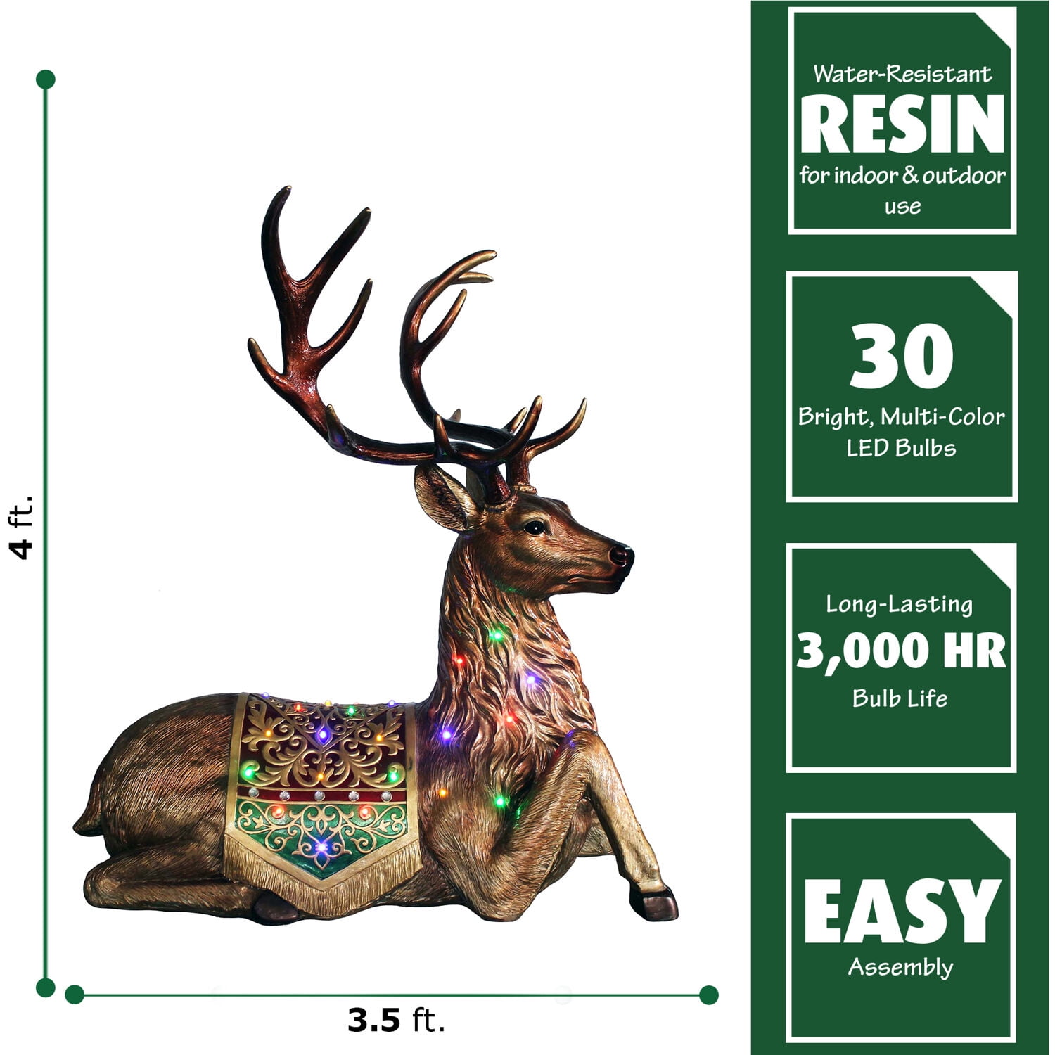 Fraser Hill Farm Indoor/Outdoor Oversized Christmas Decor with Long-Lasting LED Lights, 4-Ft. Tall Sitting Reindeer with Metallic Finish, FFRS047-RD1-BRN