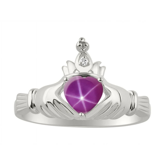 RYLOS Rings 14K White Gold Claddah Love, Loyalty & Friendship Ring Heart 6MM Gemstone & Diamond Claddagh Rings July Star Ruby Jewelry Size 7