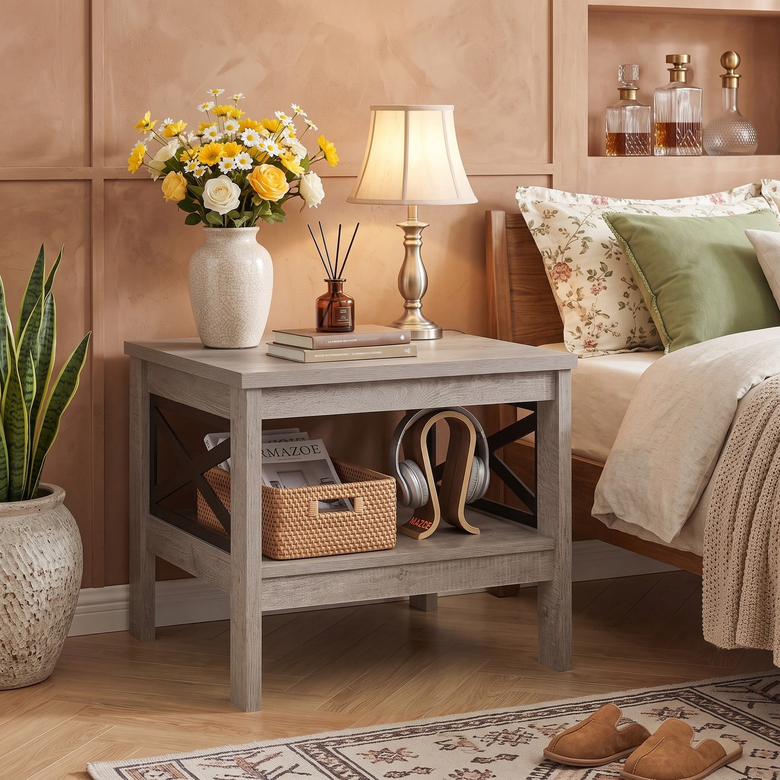 Furnibear 2-Tier Square Side End Table with Storage Shelf and X-Frame, Farmhouse Wood Accent Nightstand Sofa Table for Living Room Bedroom, 220 lbs Capacity, Rustic Oak