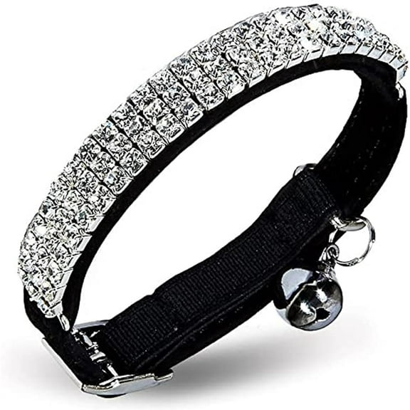 Soft Velvet Safe Cat Adjustable Collar Bling Diamante with Bells,11 inch for Small Dogs and Cats