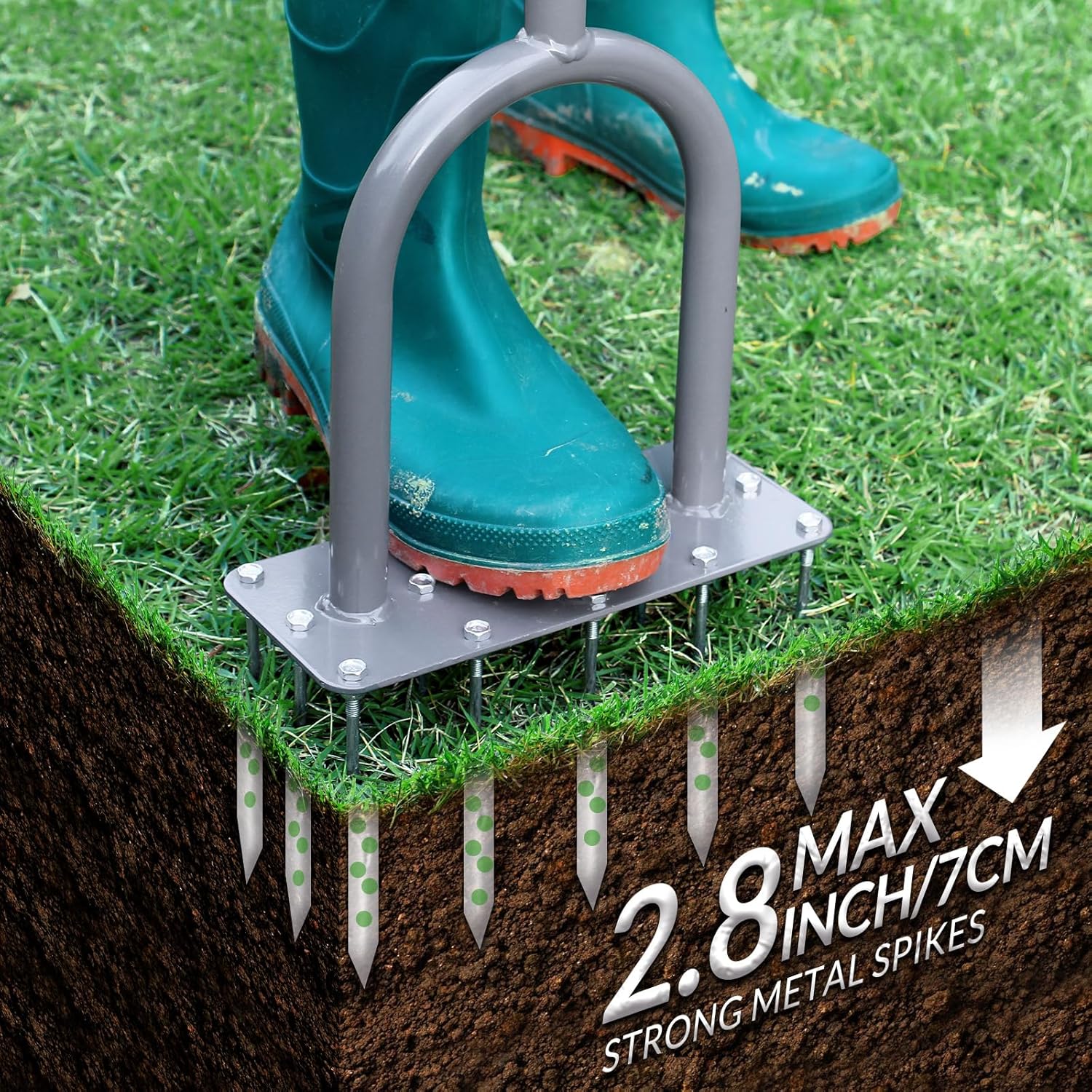 Lawn Aerator Spike Metal Manual Dethatching Soil Aerating with 15 Iron Spikes, Pre-Assembled Grass Plug Tools for Yard, Aeration, Garden Tool, Revives Health, Patented