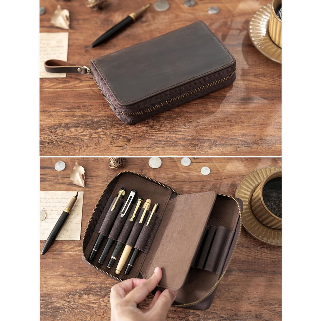 Traditional Fashion Genuine Cattlehide Pencil Case With Multiple Compartment Thin Plan For Students