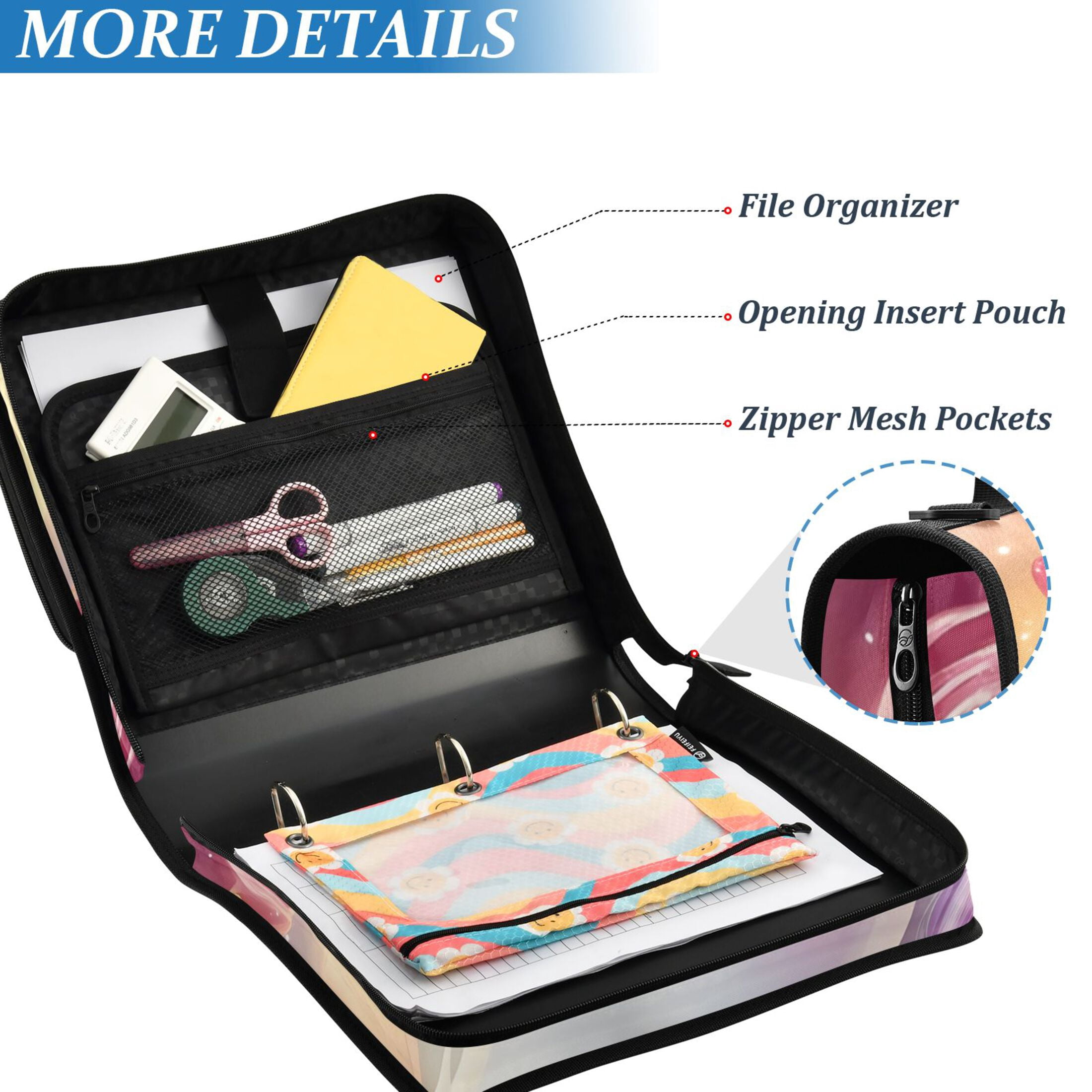 3 Ring Zipper Binder with Shoulder Strap Waterproof Trapper Keeper 2 Inch D-Ring 500 Sheets Capacity Colorful Cute Unicorn and Flower