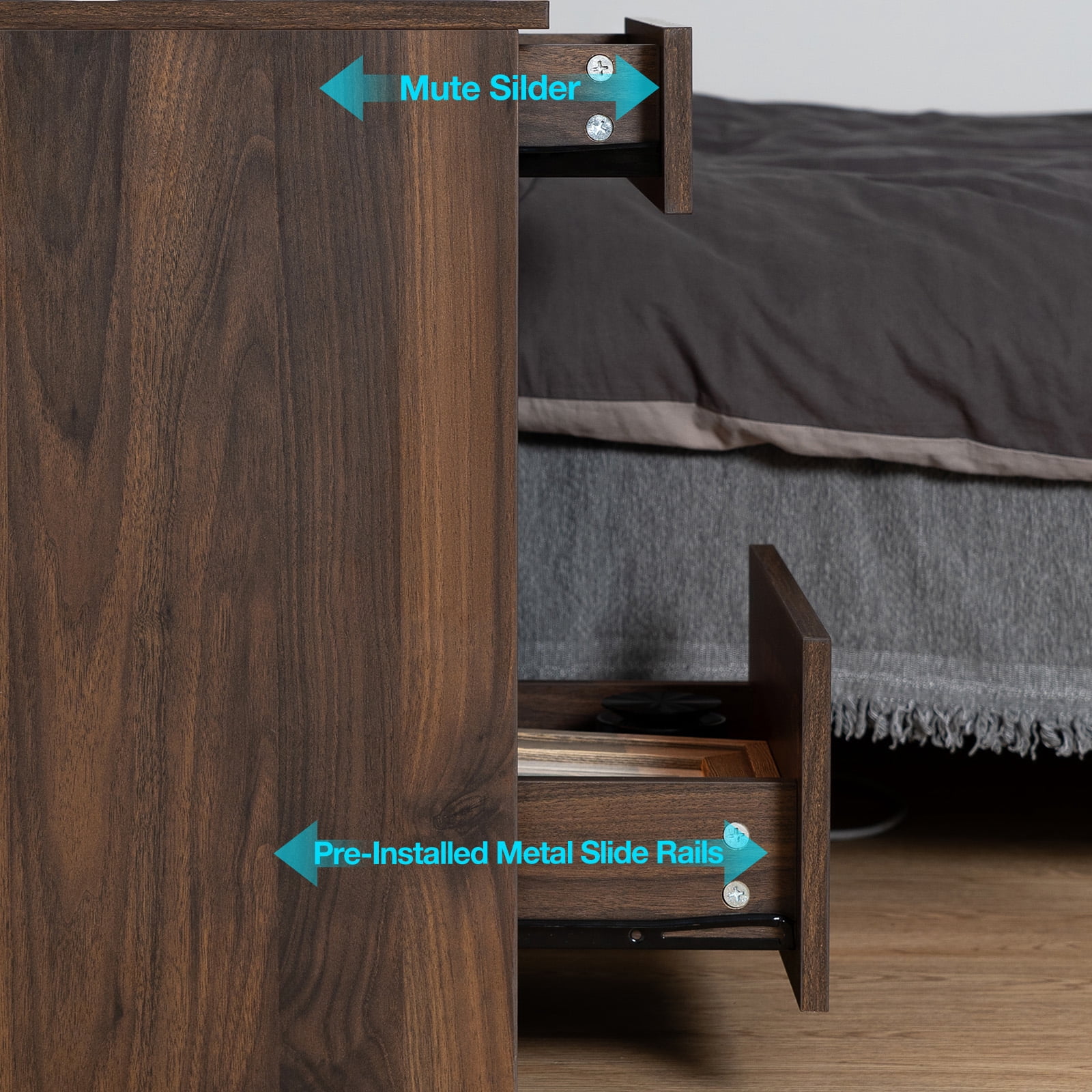 Hommpa Nightstand with Charging Station Nightstands with 2 Drawer Open Shelf Nightstands Dark Walnut Nightstands High Gloss LED End Table Nightstands for Bedroom Living Room Furniture 23.6" Tall