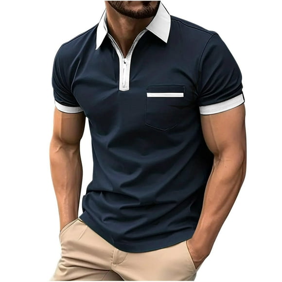 JURANMO Men's Polo Shirts Quarter Zip Spread Collar Shirts Fashion Color Block Short Sleeve Tops Business Casual Shirt Today's Deals Navy M