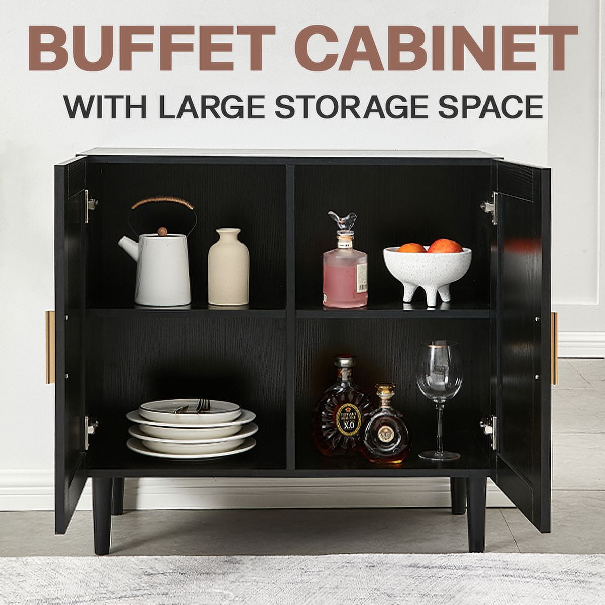 Aukfa Accent Cabinet Sideboard w/ Rattan Door for Living Room Entryway,Black