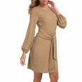 thumbnail image 2 of Vestido Corto De Manga Farol Larga, Vestido De Cóctel De Color Puro, Transpirable, Cuello Redondo, Cintura Elegante Para Citas ANGGREK Caqui S, 2 of 6