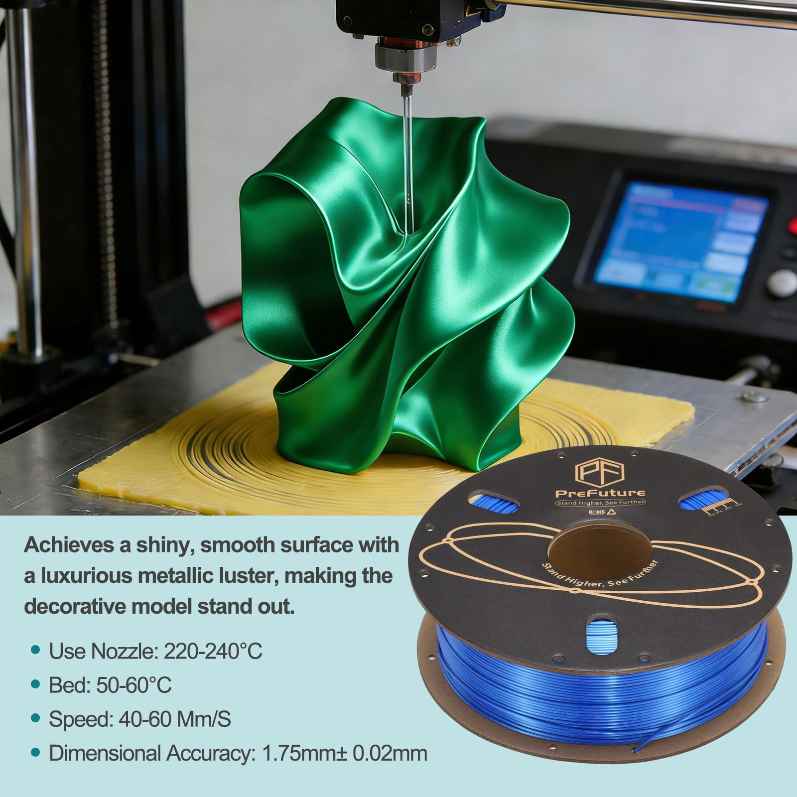 Uxcell Silk PLA Filament 1.75mm 1KG/2.2LB High Shine 3D Printer Filament, Enhanced Toughness, Dimensional Accuracy +/- 0.02mm for 3D Printer, Blue