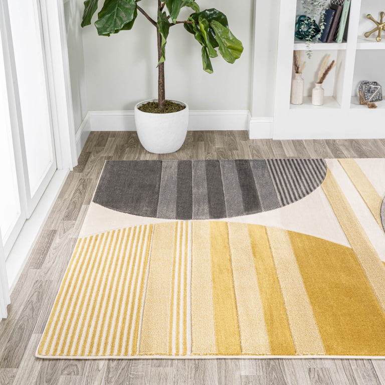 JONATHAN Y Geometric Area Rug 8x10 Ft - Gray, Yellow & Cream Striped Circles, Low Pile & Pet Friendly For Living Room, Bedroom
