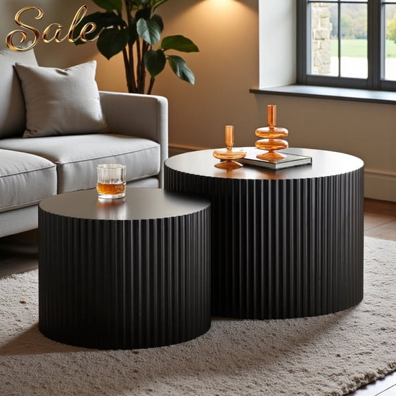 GZXS Modern Fluted Nesting Coffee Table Set of 2 - No Assembly Needed, Black Round Side Tables for Living Room (23.6" & 18.9")