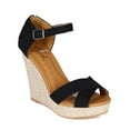 thumbnail image 1 of New Women Qupid Lena-512 Canvas Criss Cross Ankle Strap Platform Wedge Sandal, 1 of 5