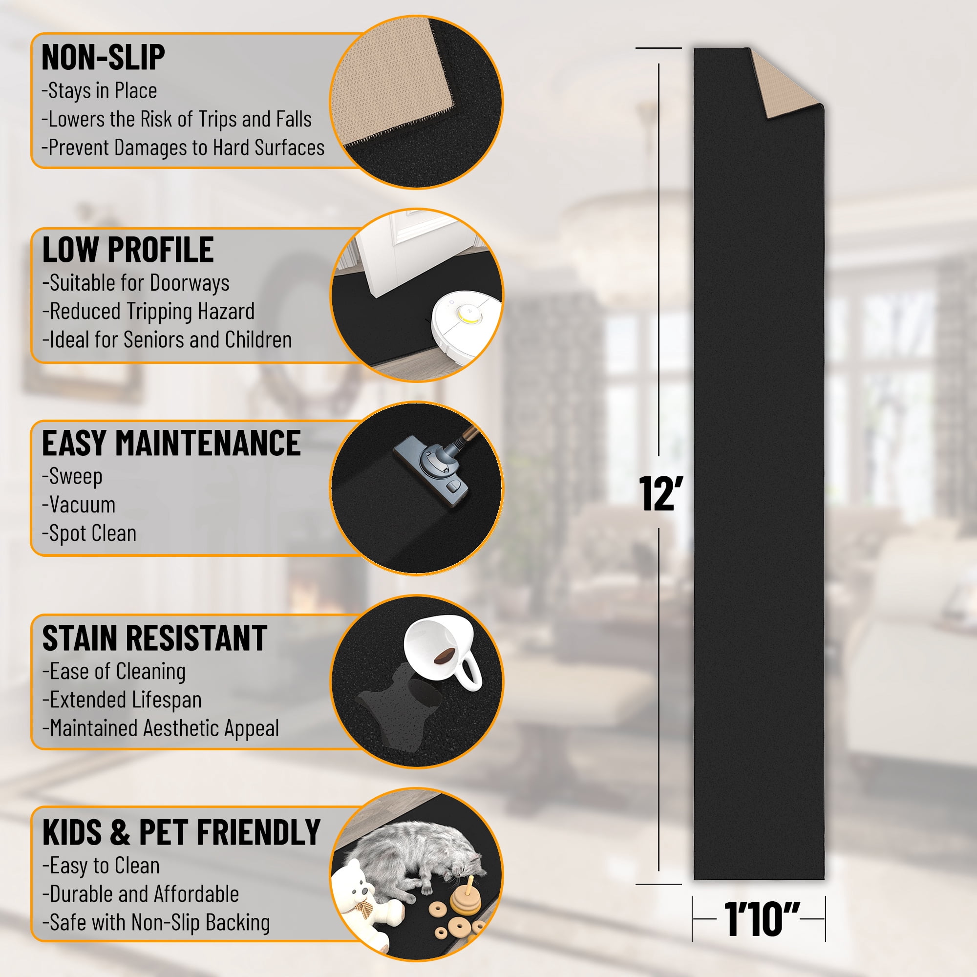 Sweet Home Stores Non-Slip Rubberback Solid 2x12 Runner Rug, 1'10" x 12', Black