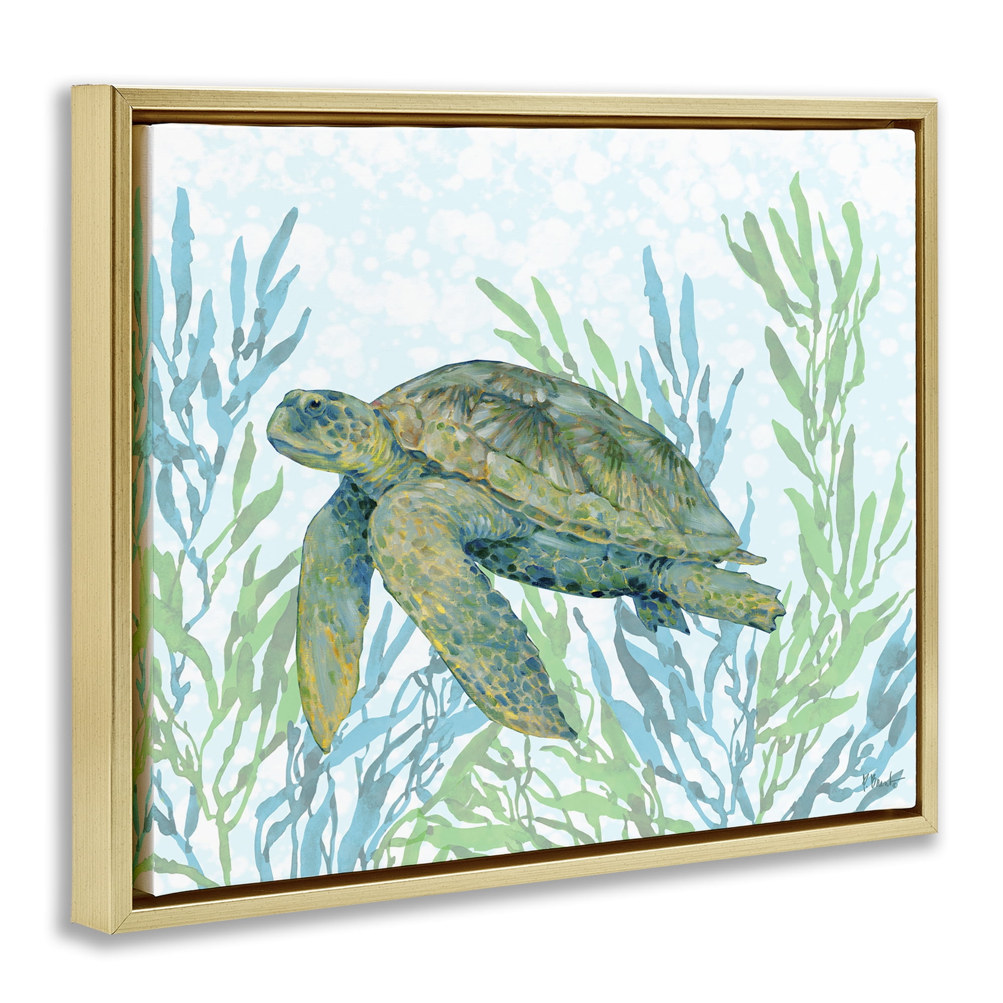 Stupell Industries Tasman Turtle in Seagrass Gold Framed Floater Canvas Wall Art, design by Paul Brent