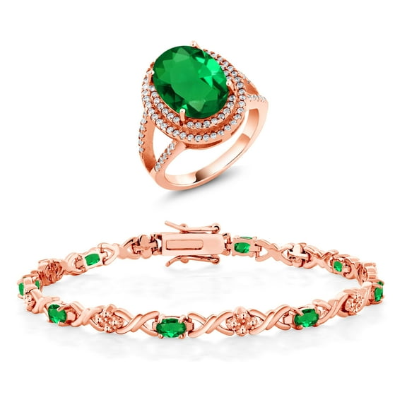 Gem Stone King 8.24 Ct Oval Green Nano Emerald 18K Rose Gold Plated Silver Ring and Bracelet Jewelry Set (Size 6)