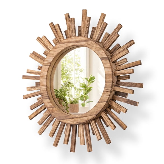 Amoard 12 Inch Boho Sunburst Mirror, Round Wooden Wall Decor Starburst Sun Mirror for Bedroom, Living Room, Bathroom, Hallway, Balcony, Farmhouse Entryway, Housewarming Gift, Rustic Brown